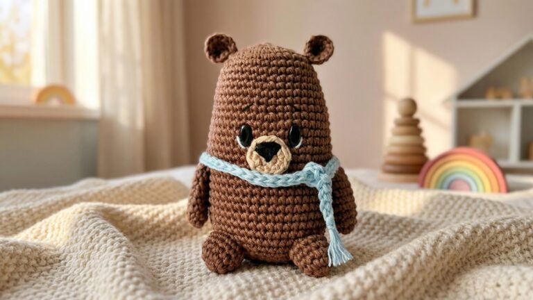 Urso de croche marrom com cachecol azul em quarto infantil com decoracao em tons neutros e brinquedos de madeira ao fundo