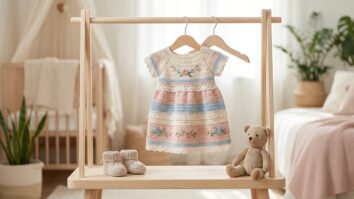 Quarto infantil delicado com vestido de croche artesanal pendurado em cabide de madeira com sapatinhos e ursinho de pelucia