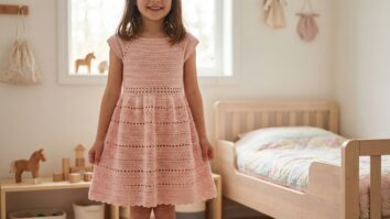 Quarto infantil delicado com menina sorridente usando vestido de croche rosa claro artesanal com brinquedos de madeira e decoracao suave