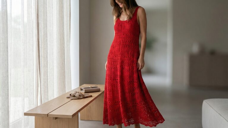 Mulher usando vestido longo de croche vermelho intenso artesanal em ambiente sofisticado proximo a janela com luz natural