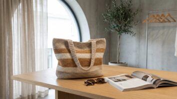 Bolsa de croche de luxo em tons elegantes sobre mesa de madeira clara com oculos de sol e revista de moda em estudio sofisticado
