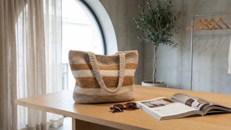 Bolsa de croche de luxo em tons elegantes sobre mesa de madeira clara com oculos de sol e revista de moda em estudio sofisticado