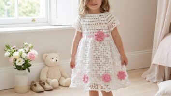 Menina sorridente usando vestido de croche off-white com detalhes rosa em quarto infantil delicado com ursinho de pelucia, sapatos e flores ao lado