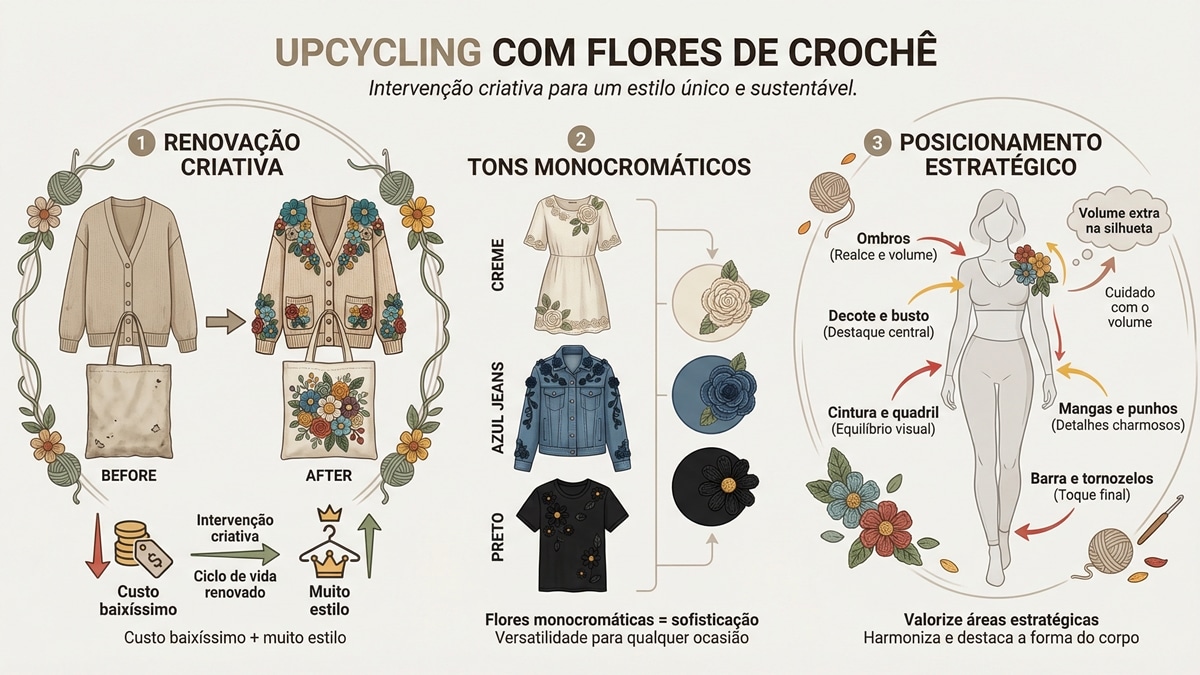 Infografico sobre upcycling de moda com flores de croche mostrando renovacao criativa tons monocromaticos e posicionamento estrategico