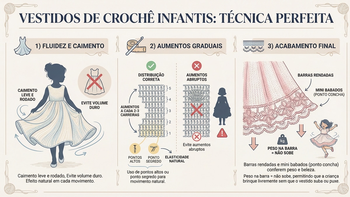 Infografico sobre tecnicas de construcao de vestidos de croche infantis com fluidez caimento aumentos graduais e acabamento final