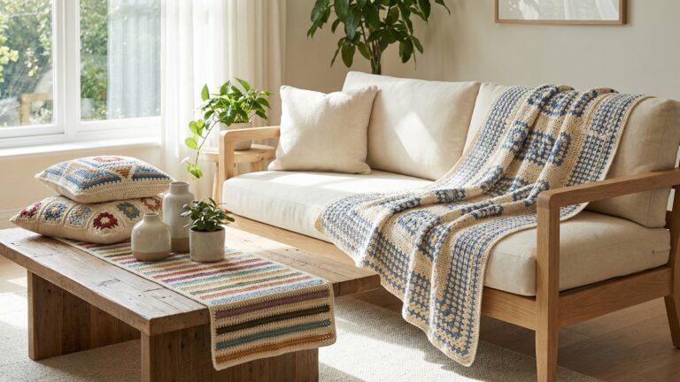 Sala de estar moderna decorada com varias pecas de croche artesanal incluindo manta, almofadas e trilho de mesa com luz natural