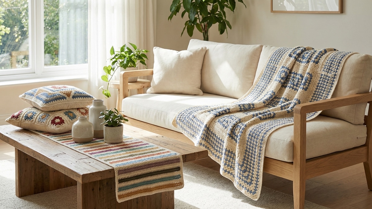 Sala de estar moderna decorada com varias pecas de croche artesanal incluindo manta, almofadas e trilho de mesa com luz natural