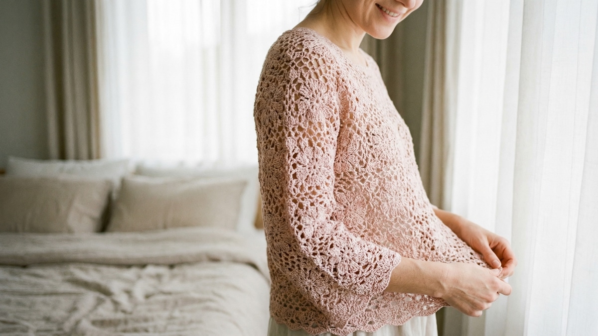 Mulher sorridente usando blusa de croche rosa artesanal em quarto elegante com luz natural suave
