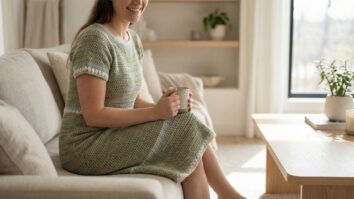 Mulher sorridente usando vestido de croche verde elegante em sala sofisticada com luz natural e decoracao neutra
