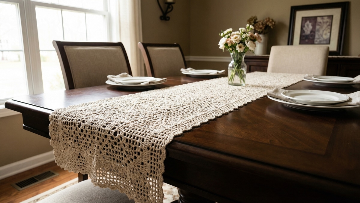 Sala de jantar elegante com caminho de mesa de croche bege sobre mesa de madeira com louca branca e flores