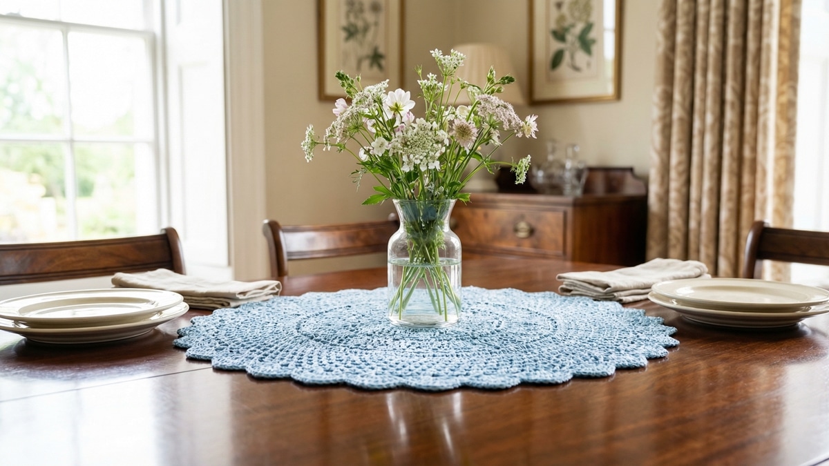 Sala de jantar classica com centro de mesa de croche azul claro sobre mesa de madeira com flores e louca neutra