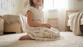 Menina usando vestido de croche infantil off-white com detalhes pastel em quarto delicado com luz natural