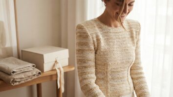 Mulher sorrindo usando blusa de croche de luxo em tons elegantes com modelagem estruturada em estudio sofisticado com luz natural