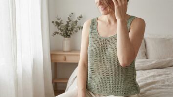 Mulher sorridente usando regata de croche verde em quarto feminino iluminado com decoracao minimalista