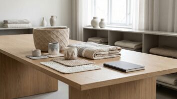 Atelie moderno com pecas de croche contemporaneo em tons neutros sobre mesa de madeira clara com decoracao minimalista