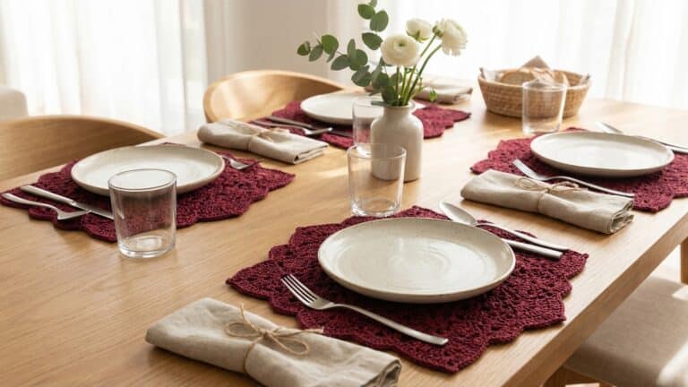 Mesa posta elegante com sousplats de croche vinho sob pratos de ceramica e decoracao minimalista