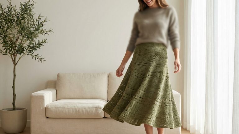 Mulher sorrindo usando saia de croche artesanal em verde elegante com trama delicada, fundo neutro e luz natural suave