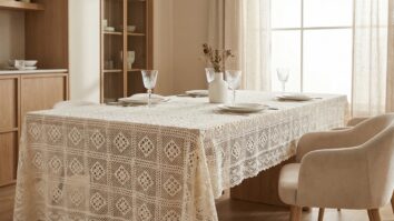 Sala de jantar sofisticada com toalha de mesa em croche de luxo off-white, louca branca elegante, tacas de cristal e luz natural suave