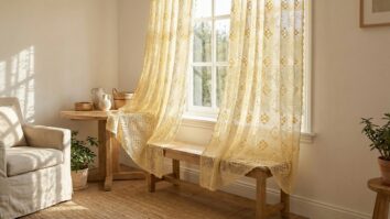 Sala iluminada com cortinas de croche artesanal em amarelo claro, luz natural suave criando sombras decorativas, moveis de madeira clara