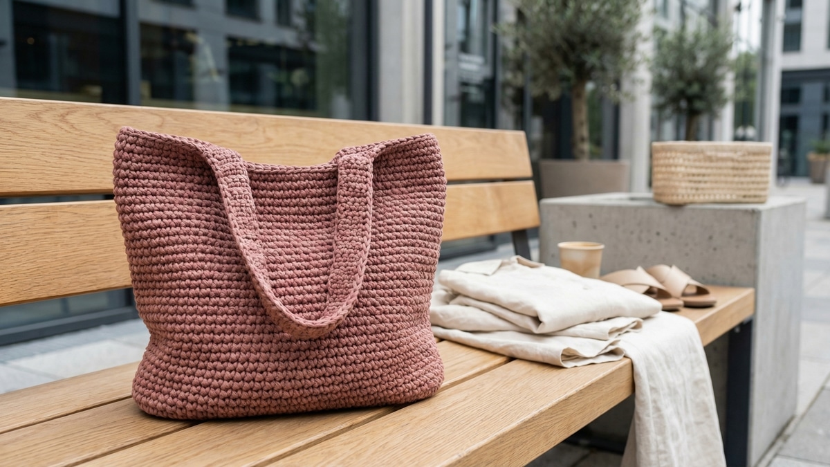 Bolsa de croche artesanal em tom neutro sobre banco de madeira clara em ambiente urbano moderno