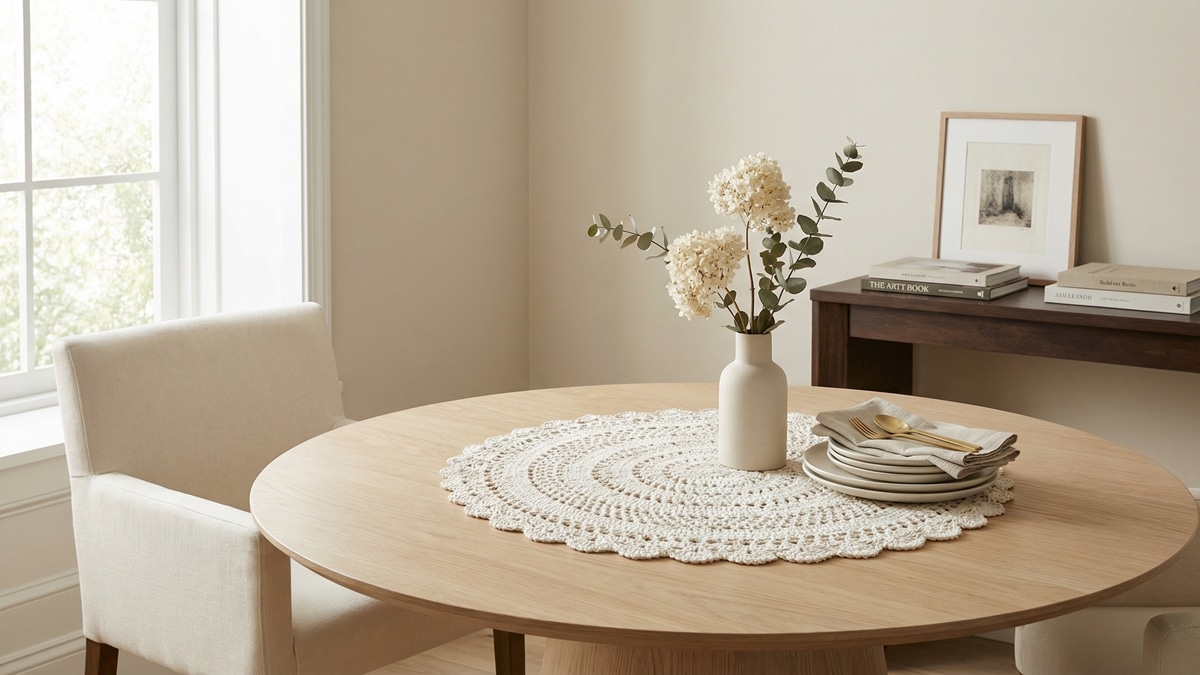 Sala de jantar elegante com centro de mesa de croche artesanal off-white sobre mesa de madeira clara com louca neutra e flores