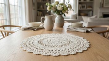 Centro de mesa de croche artesanal off-white sobre mesa de madeira com louca neutra e flores