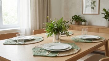 Sousplats de croche em formato de folhas verde e bege sobre mesa posta com pratos brancos e decoracao natural