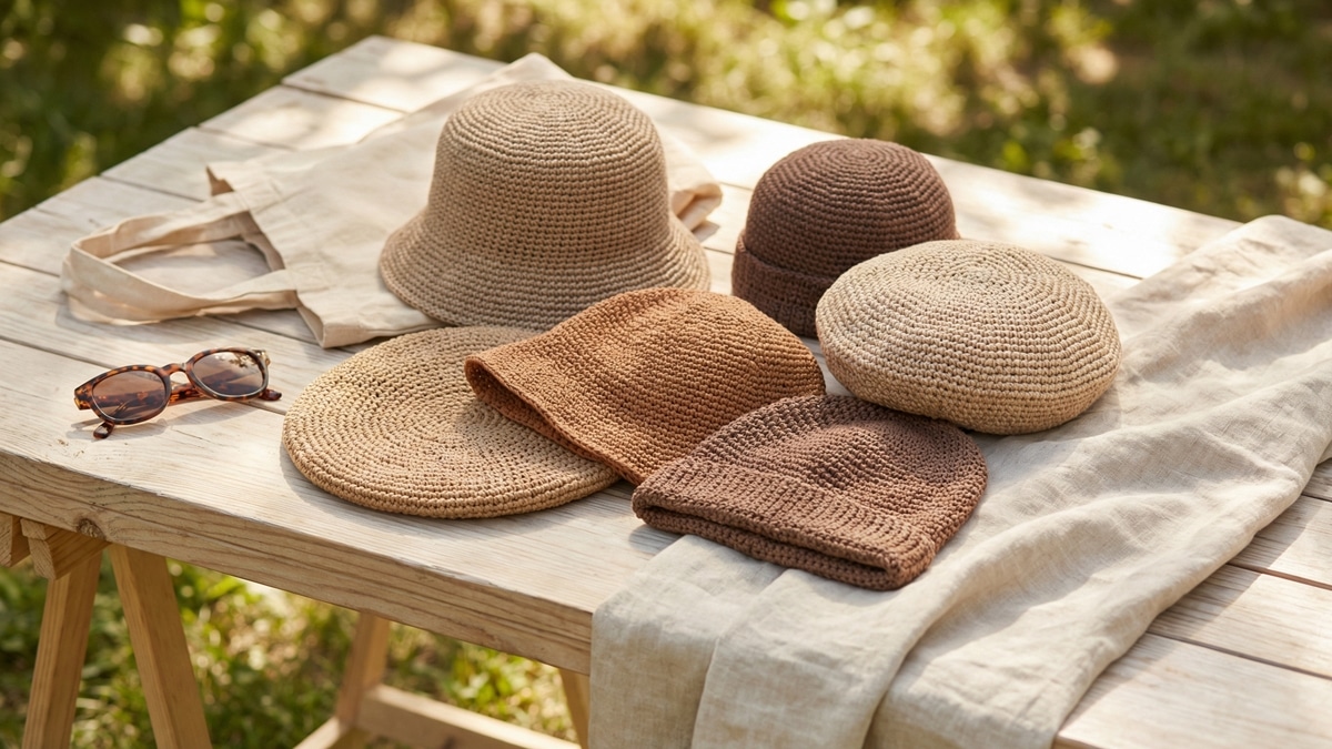 Chapeus de croche em diversos estilos sobre mesa de madeira externa com oculos de sol e bolsa neutra