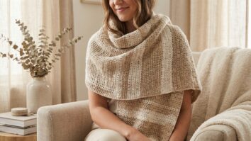 Mulher usando lenco de croche artesanal em tons bege e off-white estilo verao em ambiente elegante