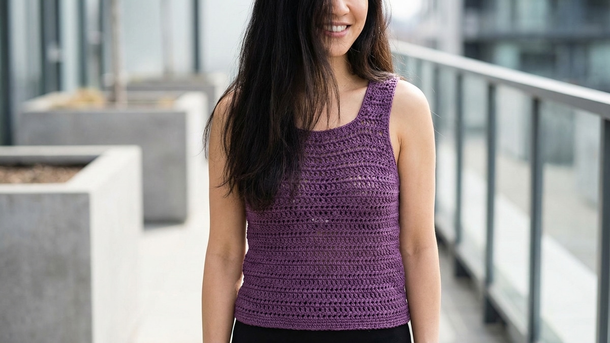 Mulher usando regata de croche artesanal roxo ametista em ambiente urbano moderno