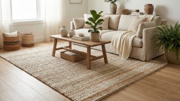 Sala de estar completa com tapete de croche artesanal em tons naturais e decoracao aconchegante com luz natural