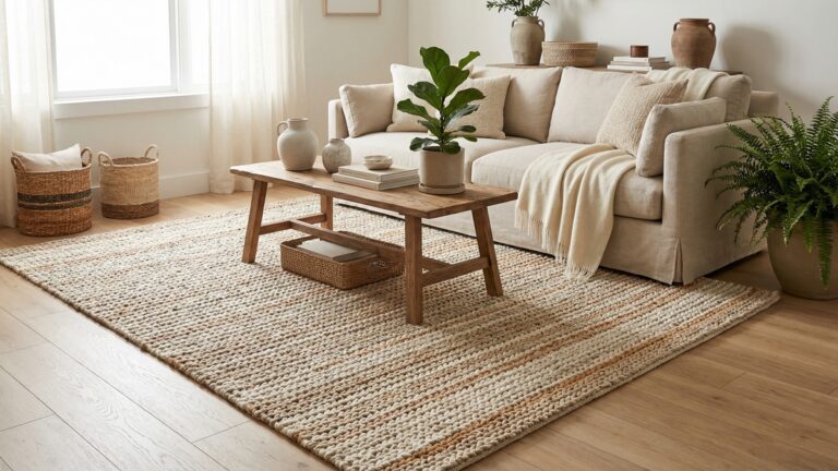 Sala de estar completa com tapete de croche artesanal em tons naturais e decoracao aconchegante com luz natural