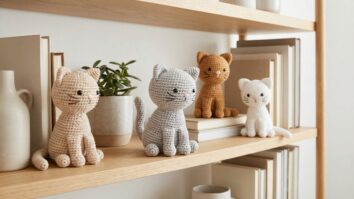 Prateleira decorativa com gatos de amigurumi em croche artesanal em tons suaves sobre movel de madeira clara com livros e plantas