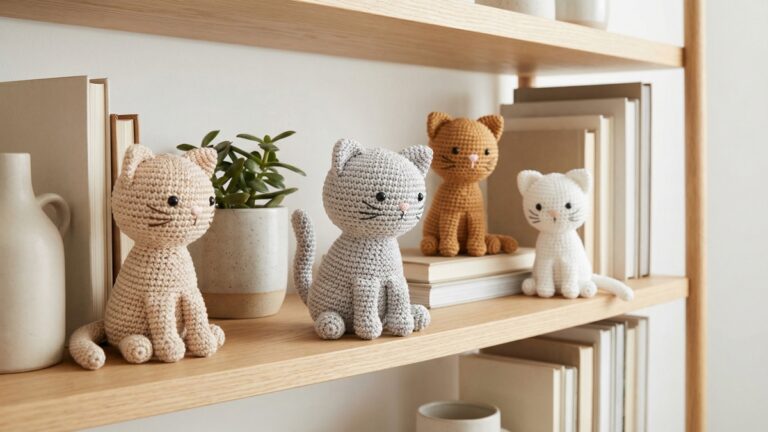 Prateleira decorativa com gatos de amigurumi em croche artesanal em tons suaves sobre movel de madeira clara com livros e plantas