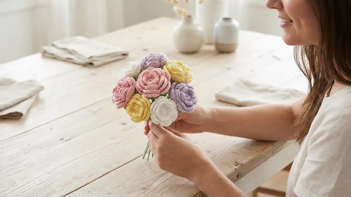 Mesa de madeira clara com mulher segurando flores de croche artesanal em tons rosa, amarelo, branco e lavanda