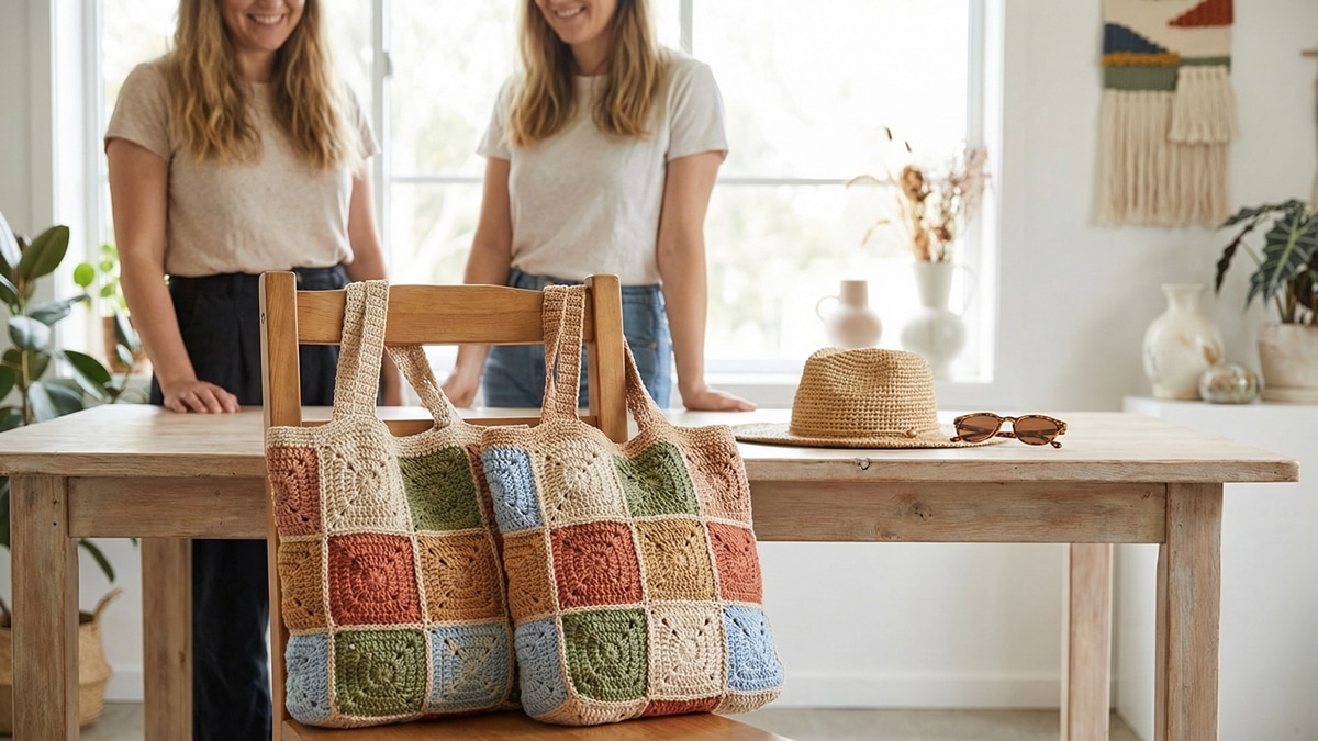 Mesa de madeira clara com mulheres mostrando bolsas de croche em squares coloridos ao lado de chapeu de palha e oculos
