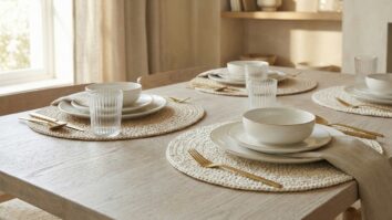 Mesa posta elegante com sousplats redondos de croche artesanal em bege e off-white sob pratos brancos com talheres dourados