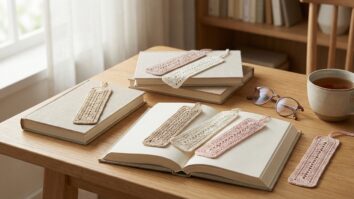 Mesa de leitura com marca paginas de croche artesanal em tons suaves sobre livros ao lado de oculos e xicara de cha