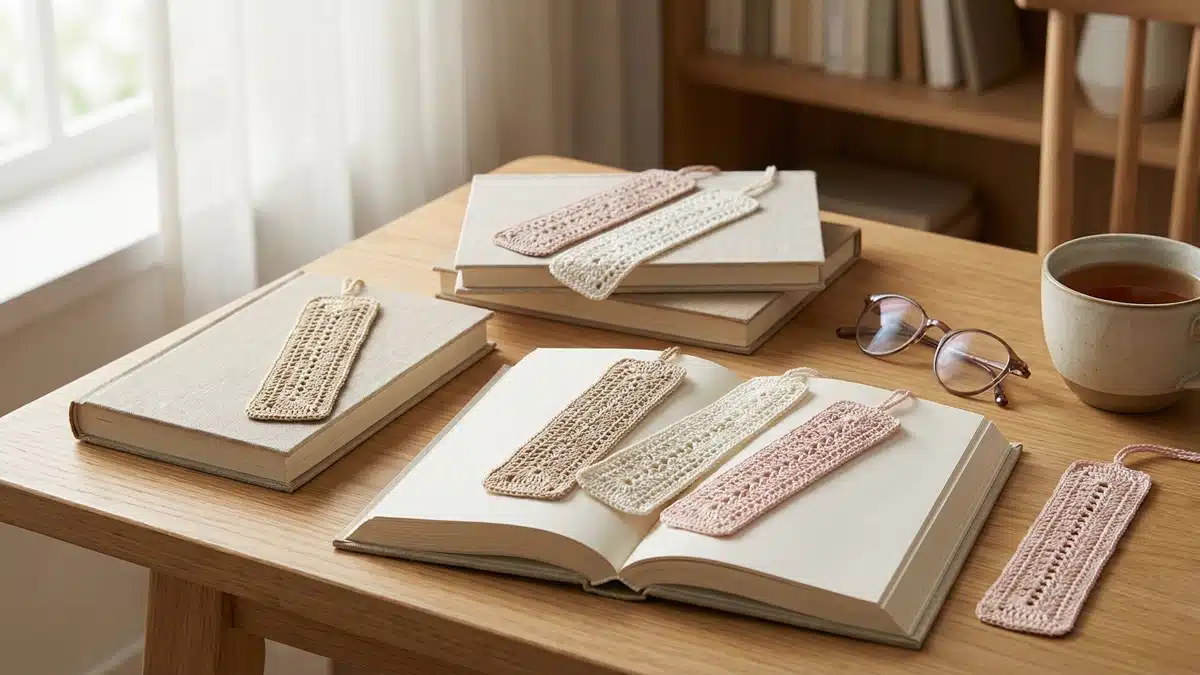 Mesa de leitura com marca paginas de croche artesanal em tons suaves sobre livros ao lado de oculos e xicara de cha
