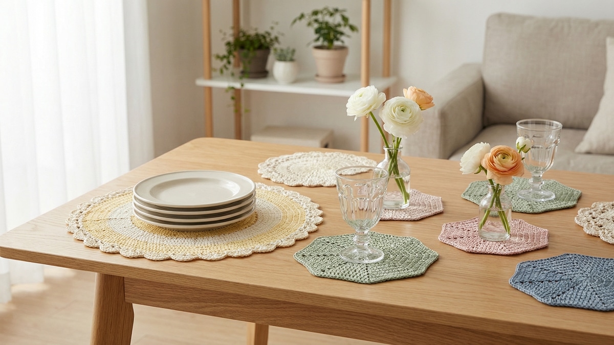 Mesa posta elegante com toalhinhas de croche artesanal coloridas, pratos de ceramica neutra e tacas de vidro com luz natural
