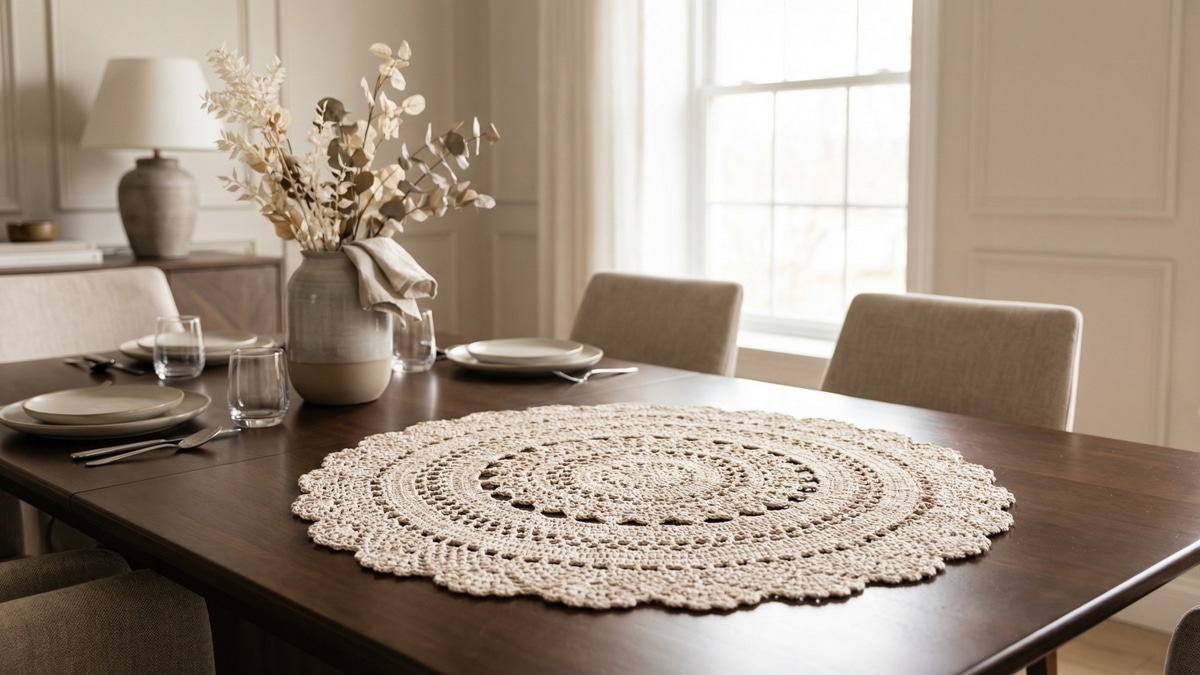 Sala de jantar elegante com centro de mesa de croche artesanal em bege claro sobre mesa de madeira com vaso de flores