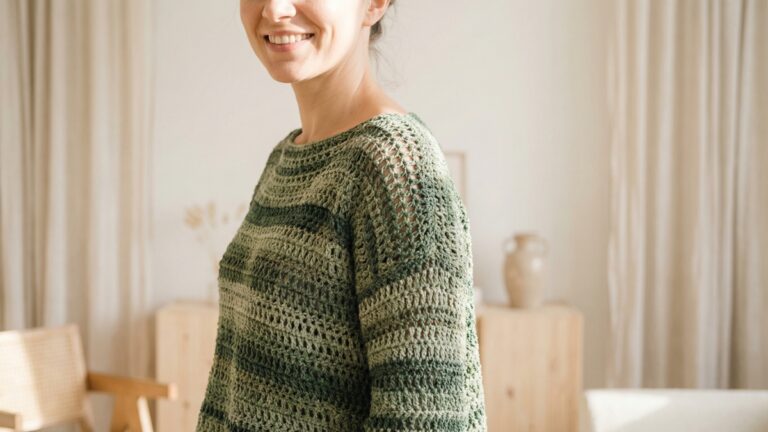 Quarto iluminado com mulher usando blusa de croche artesanal em tom verde elegante