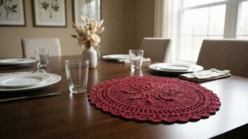 Sala de jantar elegante com centro de mesa redondo de croche artesanal em vermelho sobre mesa de madeira com pratos brancos