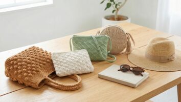 Mesa de madeira clara com bolsas de croche artesanal em bege, off-white, caramelo e verde ao lado de chapeu e oculos