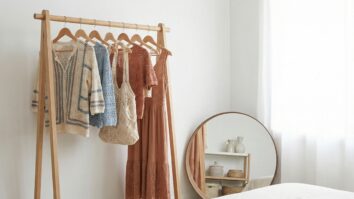 Quarto moderno com pecas de croche artesanal organizadas em cabideiro, incluindo blusas, bolsa e vestido em tons sofisticados