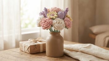 Mesa decorada com buque de flores de croche artesanal em rosa, branco, lavanda e amarelo dentro de vaso ceramico