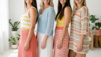 Quarto iluminado com mulheres usando roupas de croche de verao em cores vibrantes branco, amarelo, azul e coral