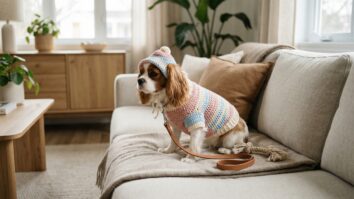 Pet usando roupinha de croche artesanal em cores delicadas sobre manta neutra em sofa claro, com acessorios ao lado em ambiente aconchegantePet usando roupinha de croche artesanal em cores delicadas sobre manta neutra em sofa claro, com acessorios ao lado em ambiente aconchegante