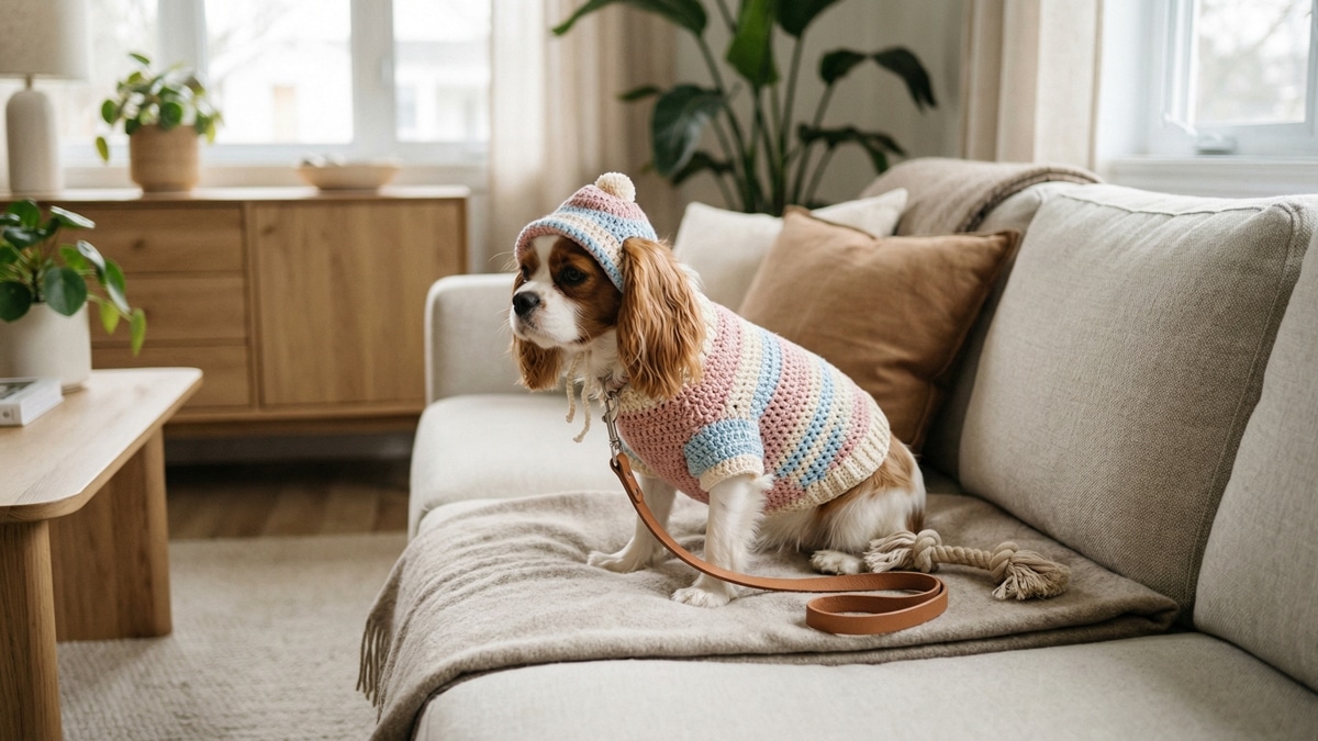 Pet usando roupinha de croche artesanal em cores delicadas sobre manta neutra em sofa claro, com acessorios ao lado em ambiente aconchegantePet usando roupinha de croche artesanal em cores delicadas sobre manta neutra em sofa claro, com acessorios ao lado em ambiente aconchegante