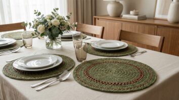 Mesa de jantar elegante com sousplats de croche redondos em verde musgo e detalhes marrom, pratos brancos, copos de vidro e arranjo floral ao centro